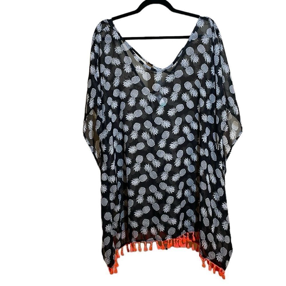 No Boundaries Pineapple Print Kaftan Shawl size XL Black & White semi sheer